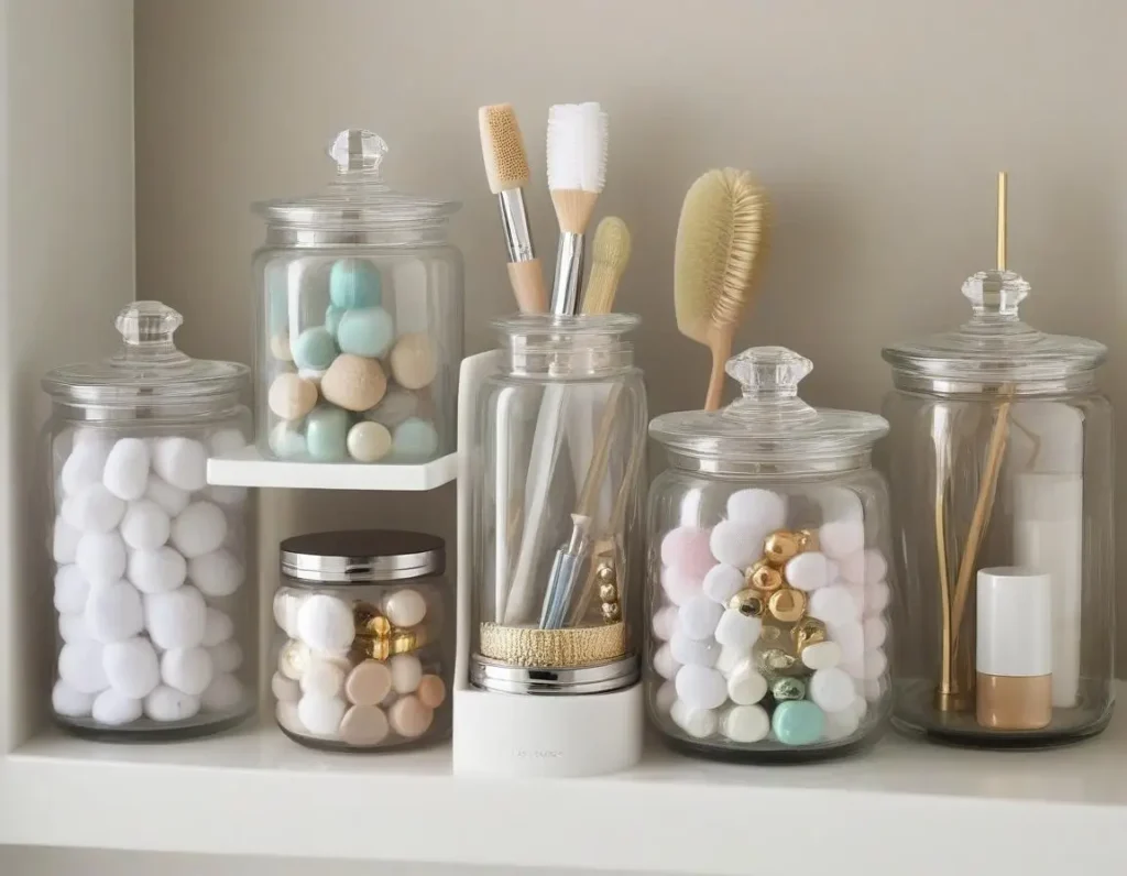 Barattoli in vetro decorati usati per organizzare accessori da bagno