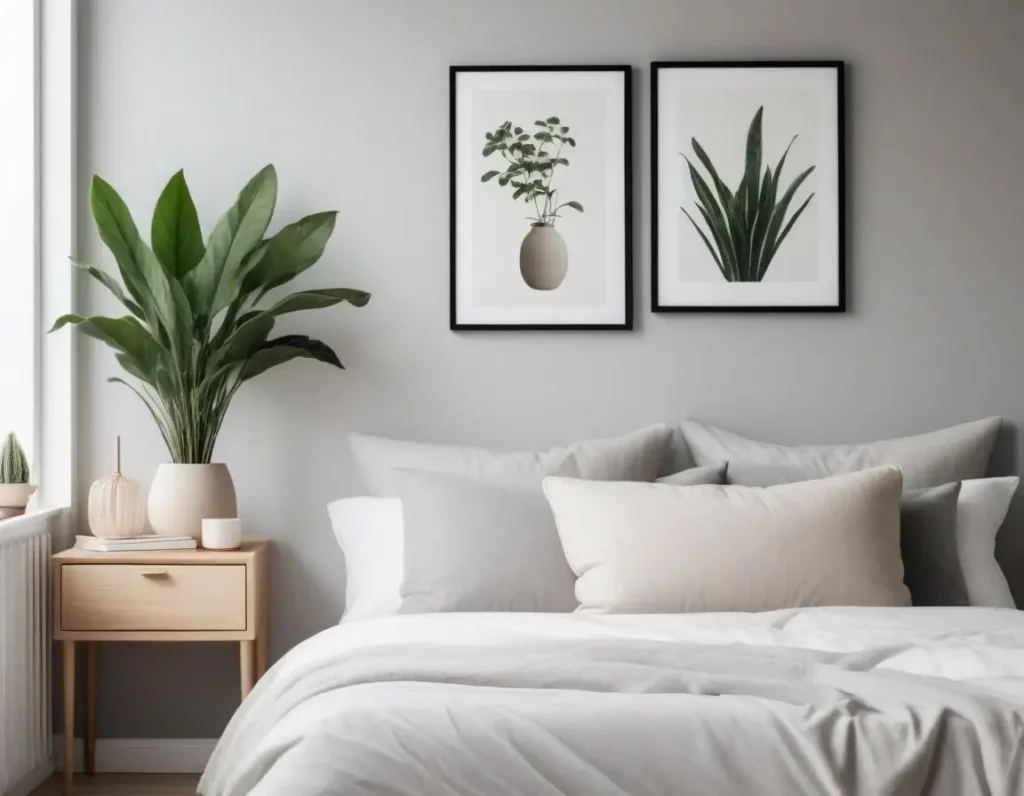 Piccoli accessori decorativi minimalisti come vaso, piante, cuscini e cornice in camera da letto