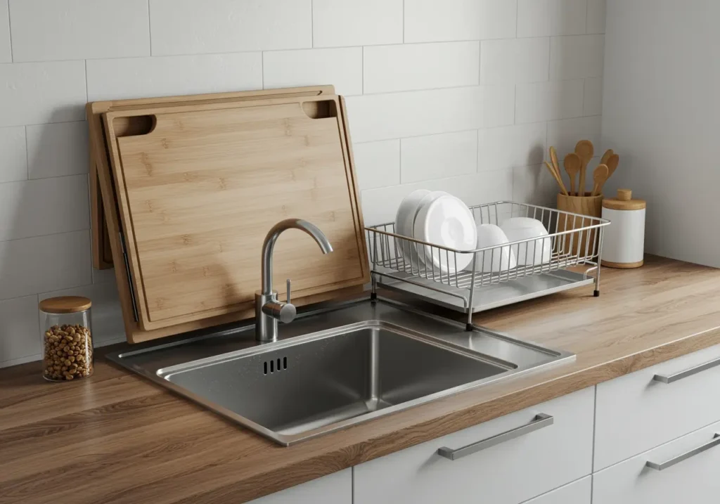 Tagliere e scolapiatti pieghevoli sopra il lavello per guadagnare spazio