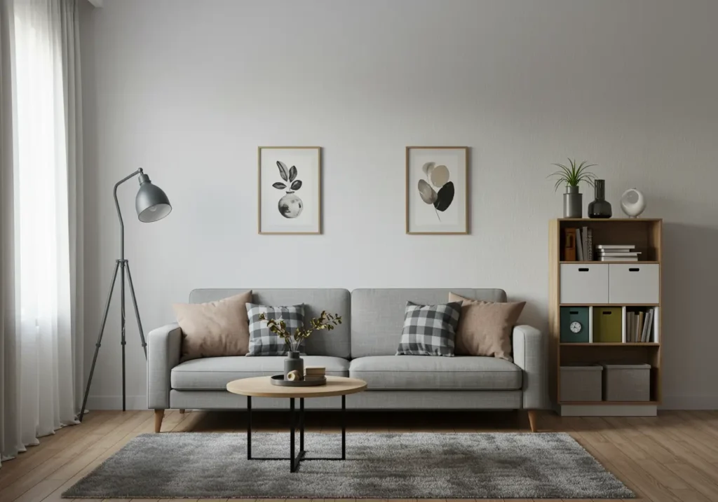 Soggiorno moderno con accessori salvaspazio e arredo ordinato