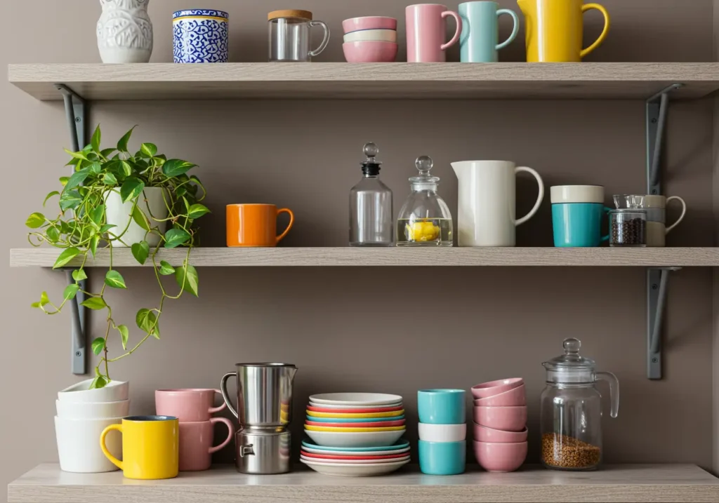 Piante aromatiche e accessori colorati su mensole da cucina