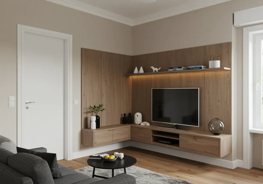 Angolo TV con smart TV a parete in soggiorno compatto