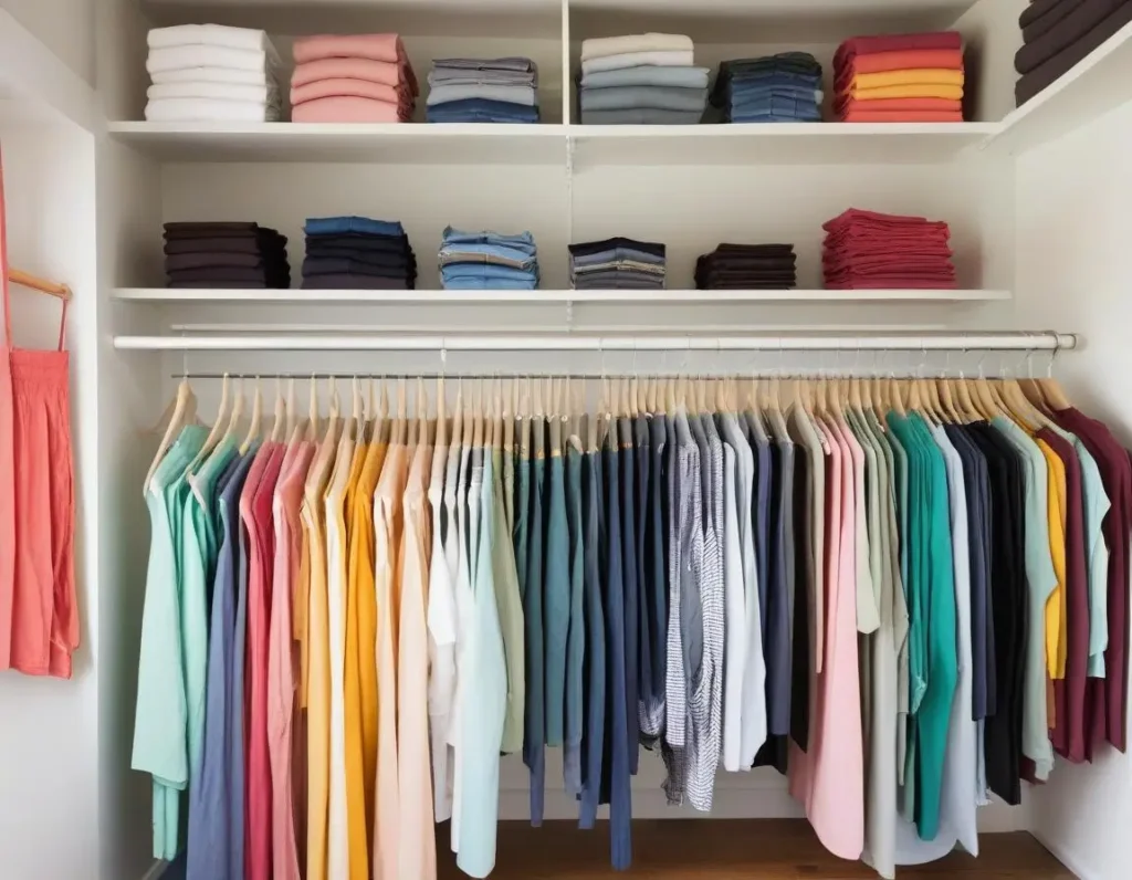 Vestiti appesi organizzati per colore e tipologia