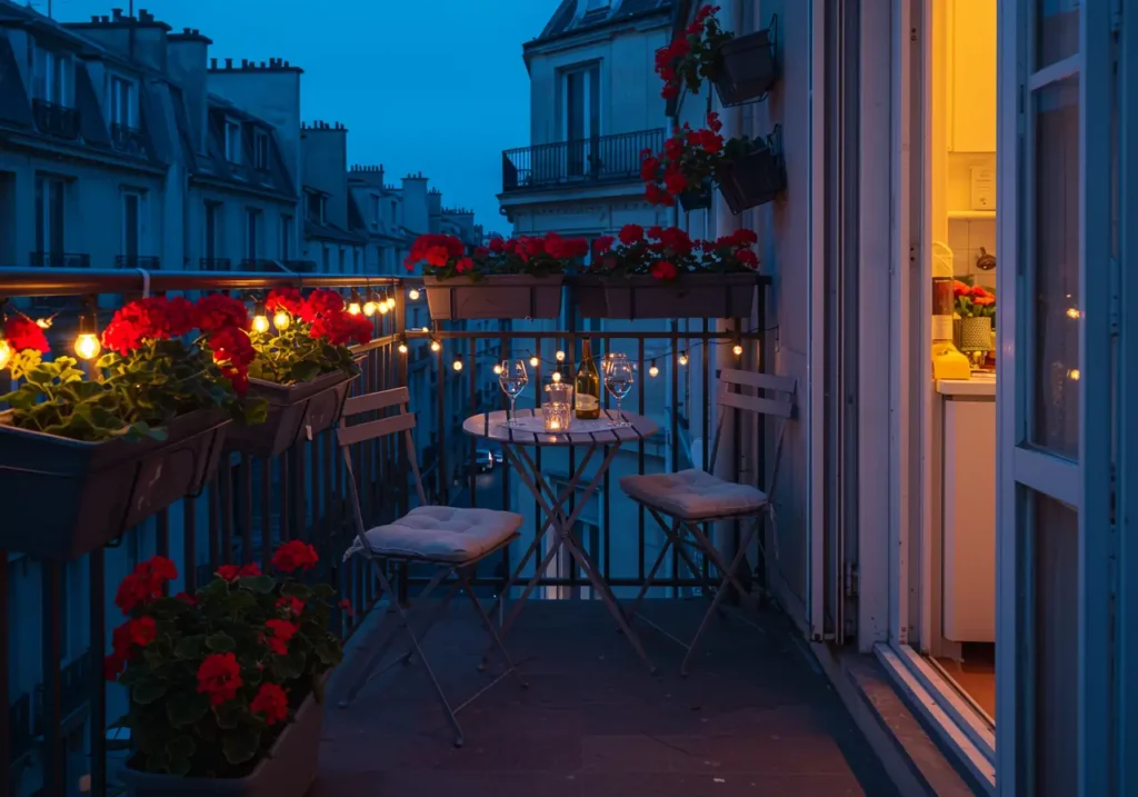 Balcone piccolo arredato con luci solari, vasi verticali e tavolino pieghevole.
