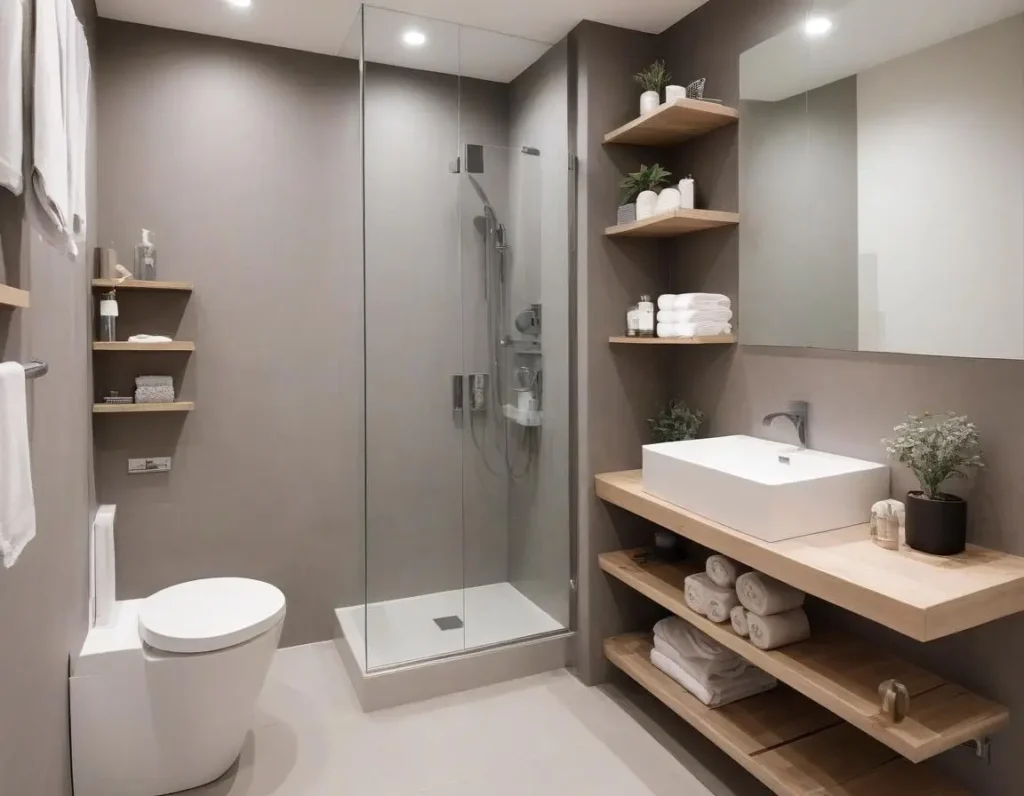 Bagno moderno e ordinato perfetto per una coppia, con mensole e organizer