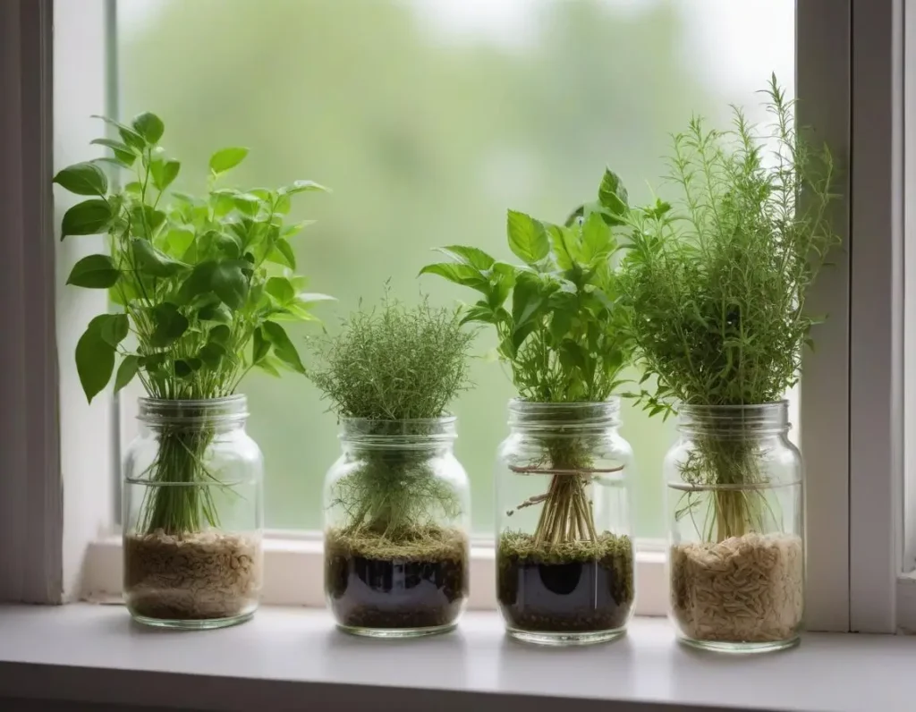 Barattoli con piante aromatiche sul davanzale