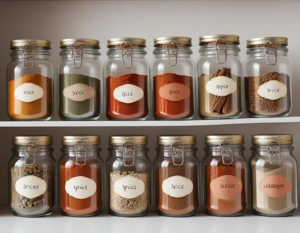 Barattoli di vetro con spezie ed etichette
