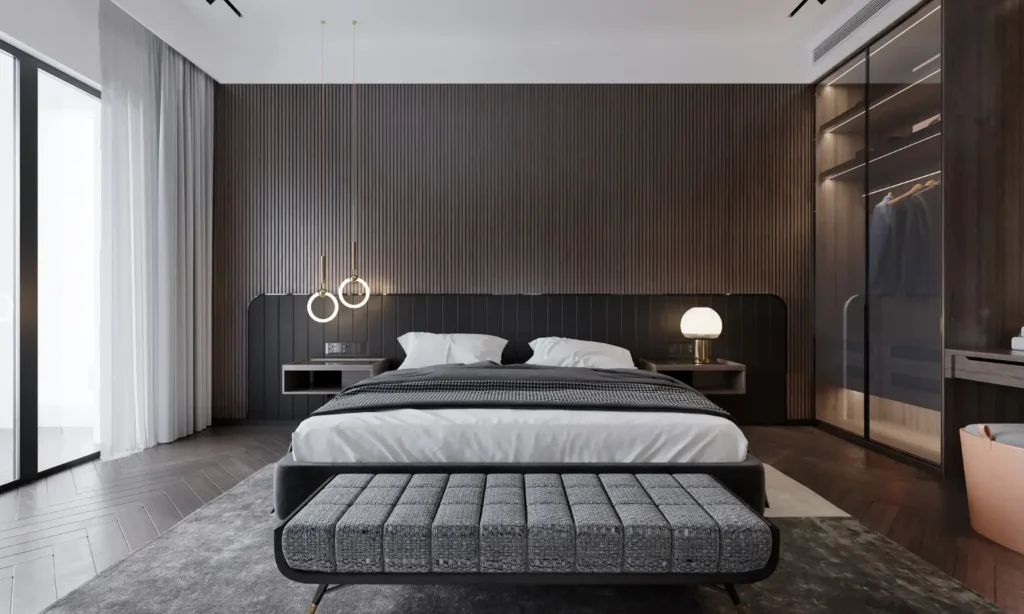 Camera da letto con armadio ben organizzato, testiera fai da te e spazio sotto il letto ottimizzato.