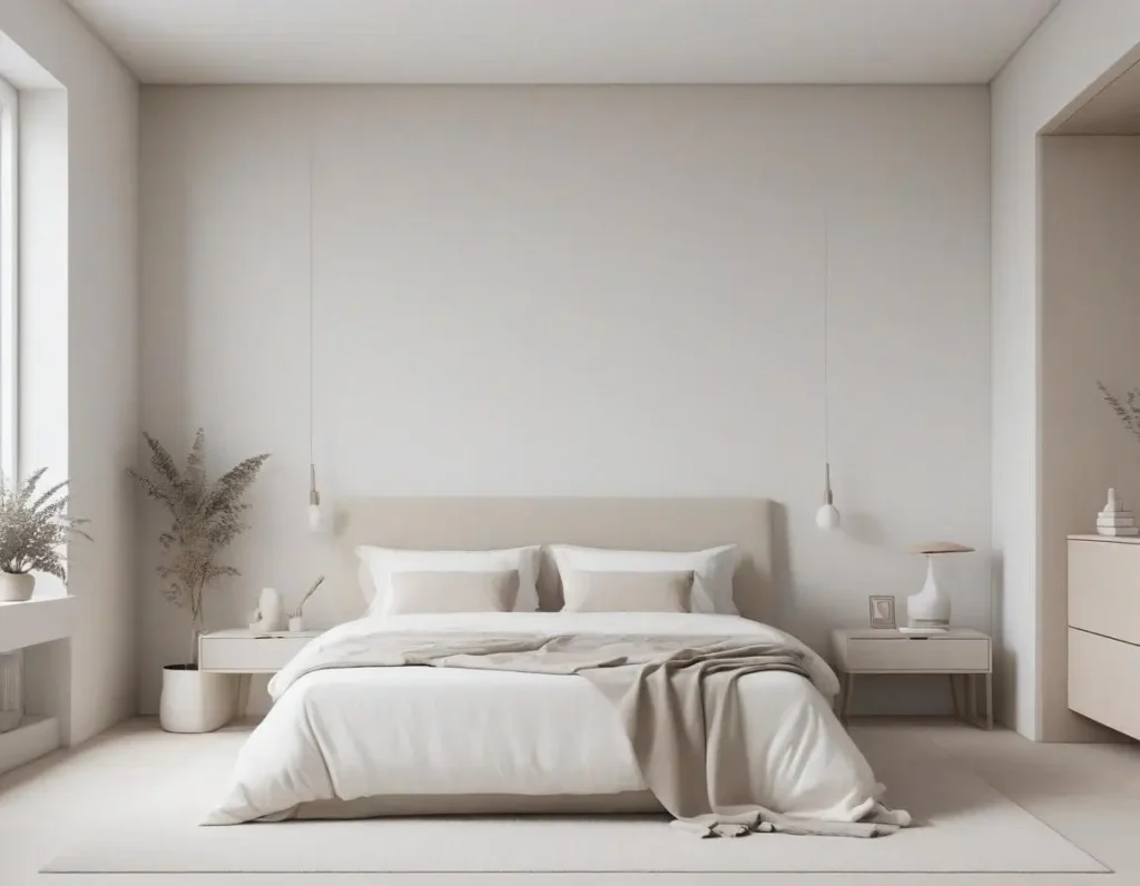 Camera da letto in stile minimal con tonalità neutre come bianco, beige e grigio chiaro