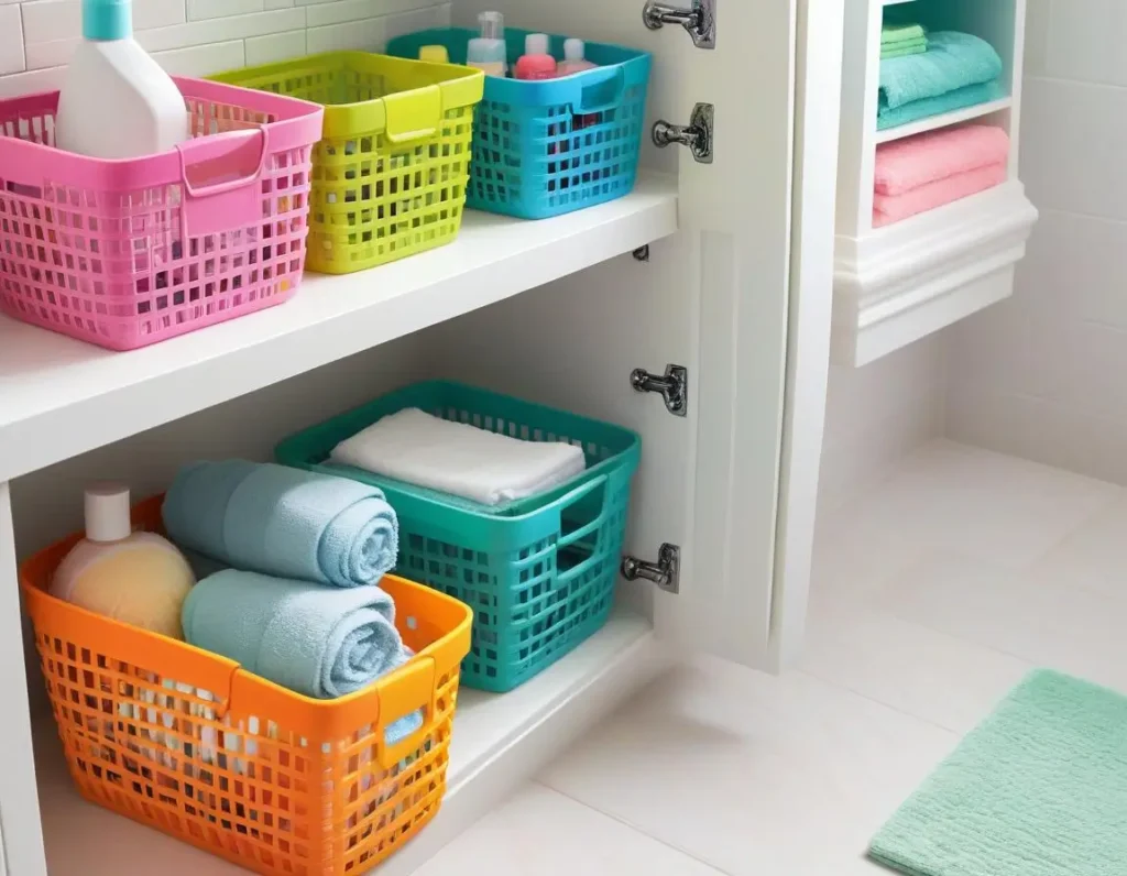 Cestini colorati in plastica per l’organizzazione del bagno dei bambini