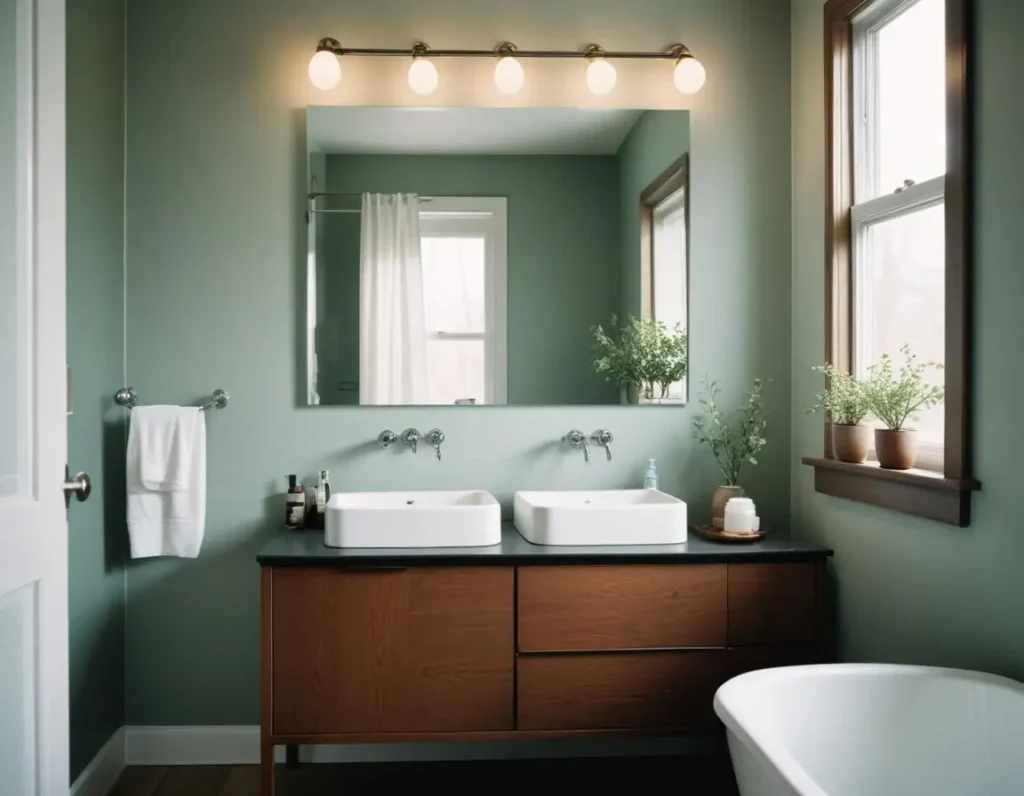 Bagno piccolo con pareti chiare, grande specchio e illuminazione naturale