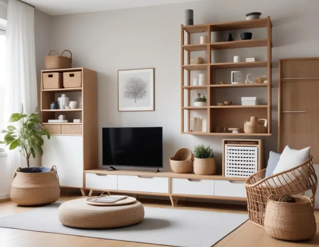 Cesti di vimini e scatole colorate usate come contenitori