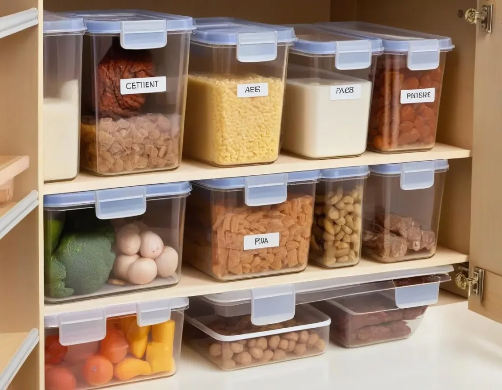 Contenitori trasparenti ed etichettati per conservare alimenti nei pensili