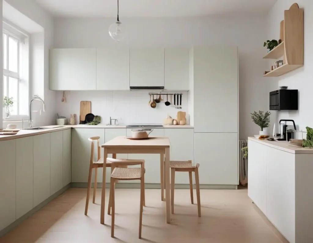 Cucina piccola con arredo minimalista e colori chiari