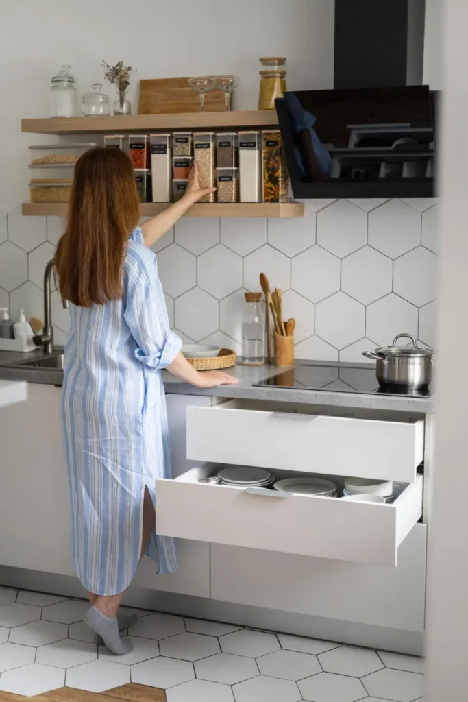 Cucina piccola ben organizzata con contenitori etichettati, mensole e carrello IKEA.