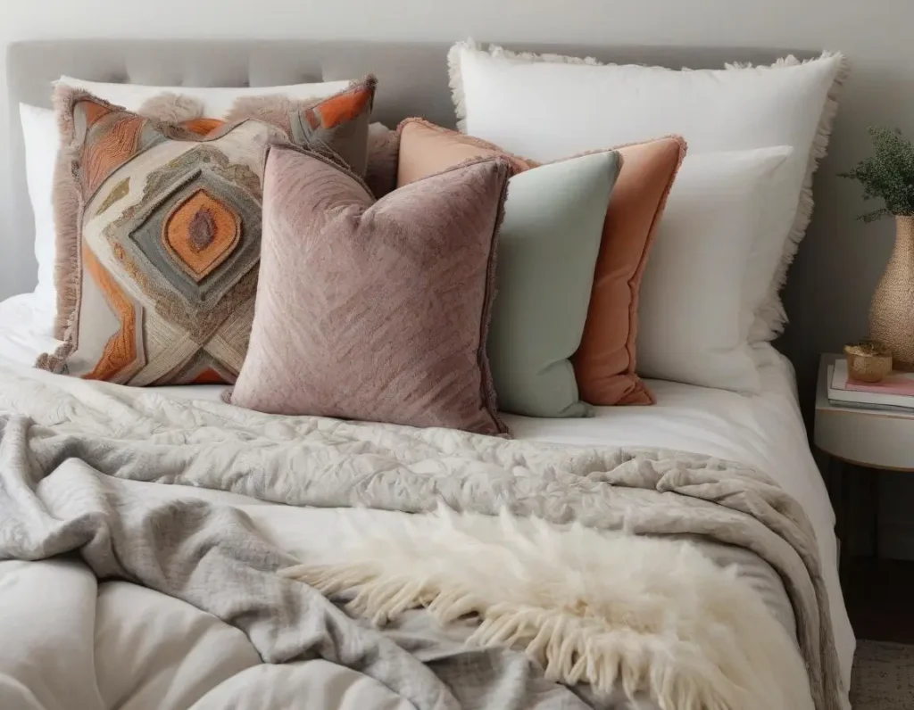 Combinazione di cuscini decorativi su un letto con diverse texture e colori