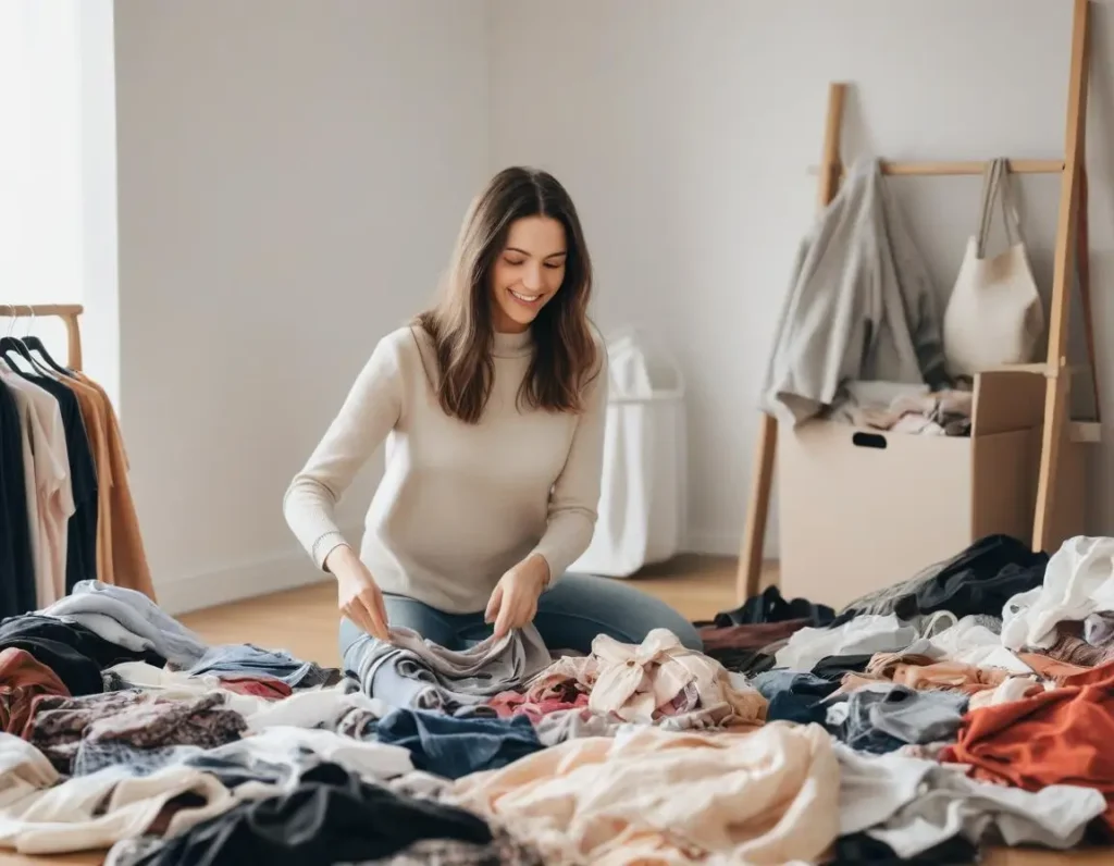 Donna che seleziona i vestiti durante un decluttering stagionale