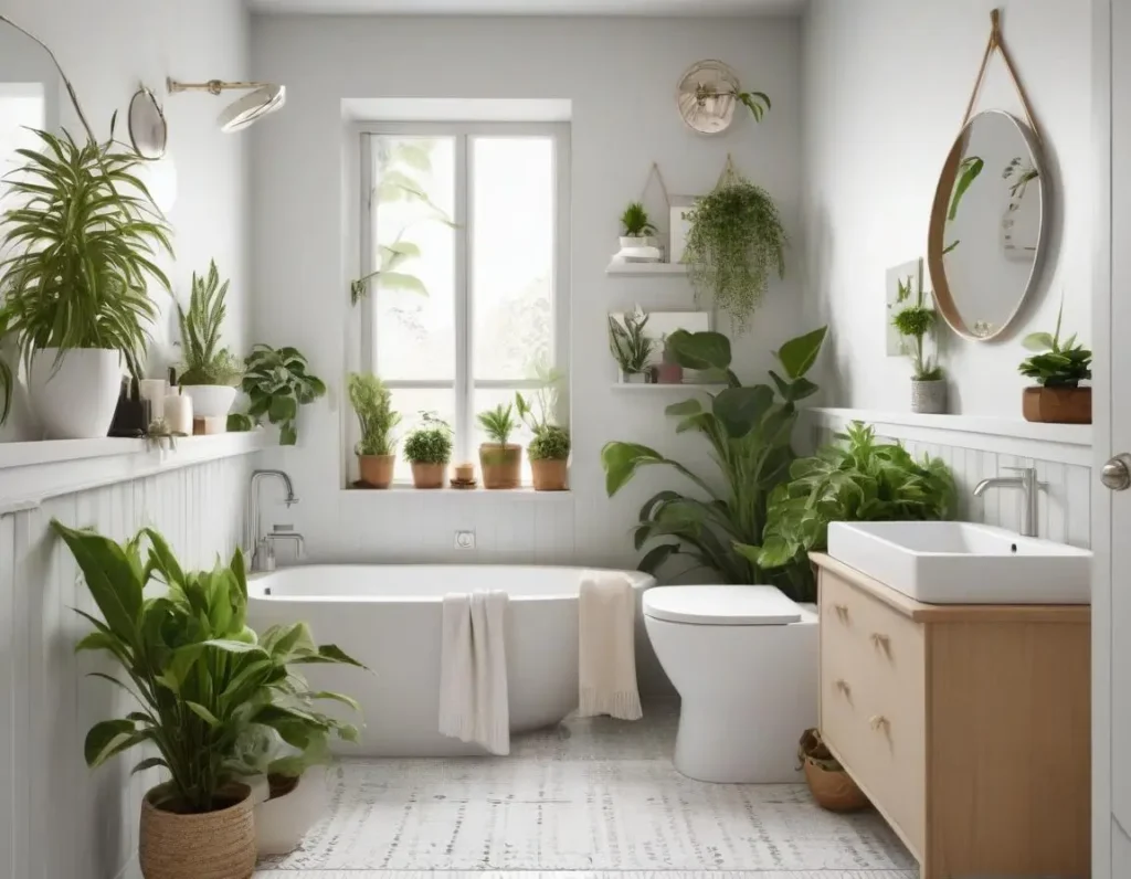 Bagno piccolo decorato con piante e accessori coordinati per uno stile accogliente