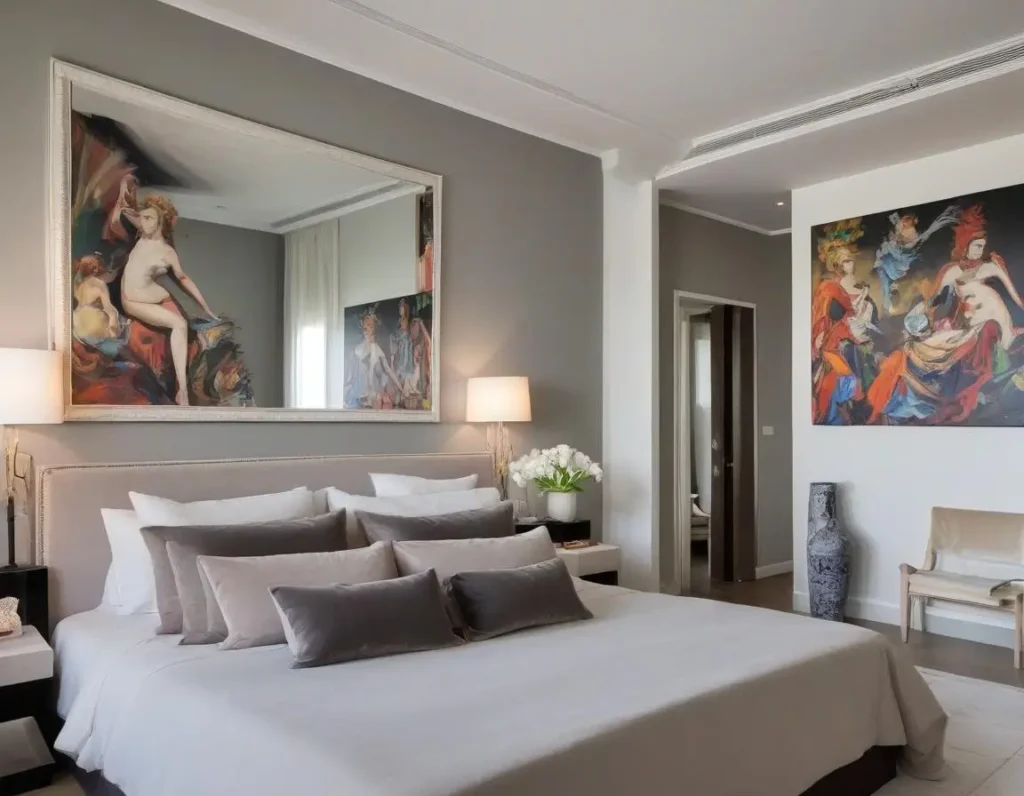 Parete decorata con quadri e specchio grande dietro il letto