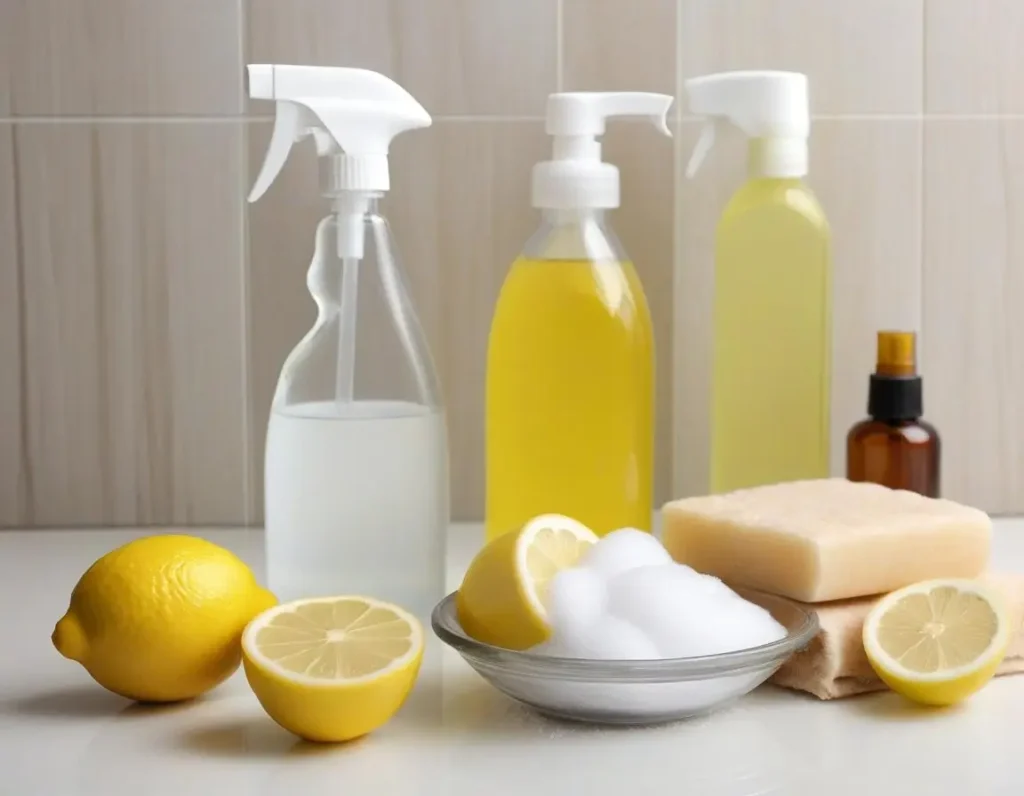 Detergenti naturali per la pulizia del bagno con aceto, bicarbonato e limone