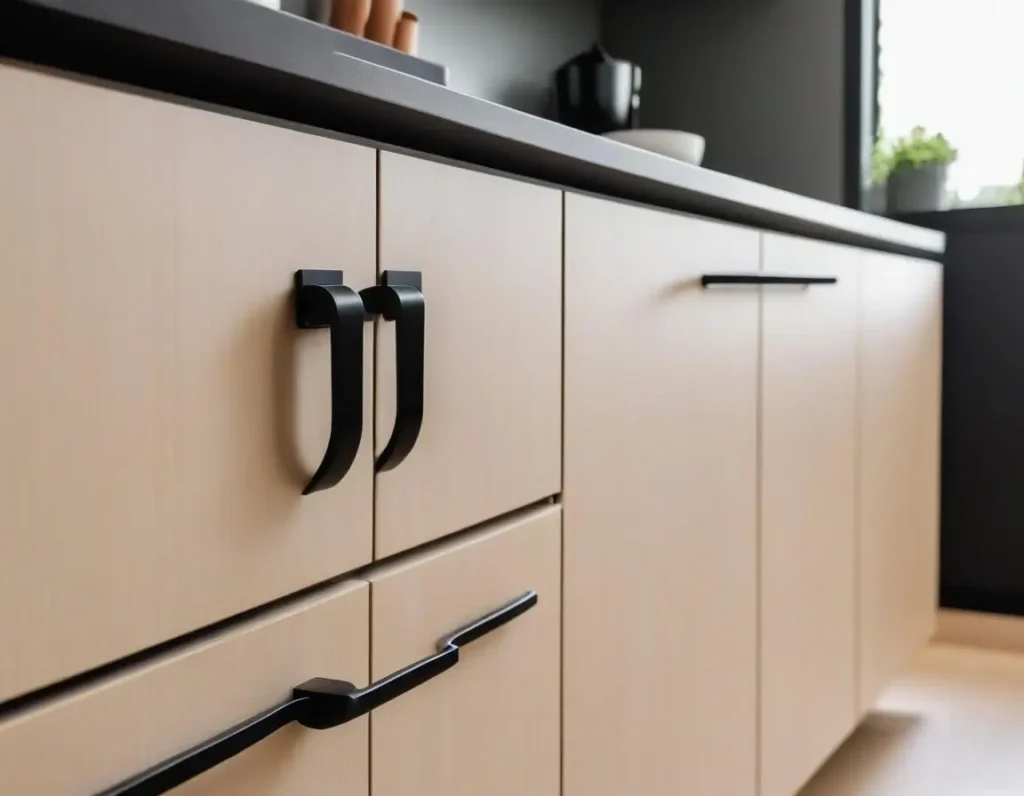 Primo piano di maniglie moderne nere su mobile cucina