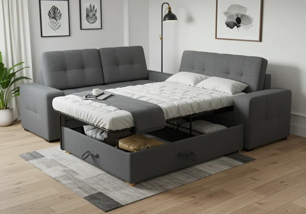 Divano letto grigio moderno con funzione contenitore