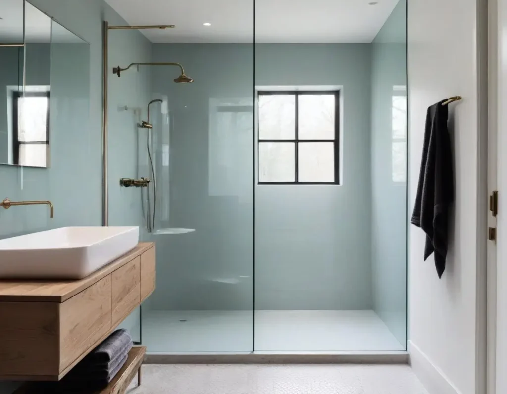 Elegante doccia walk-in con parete di vetro per ampliare visivamente un bagno piccolo