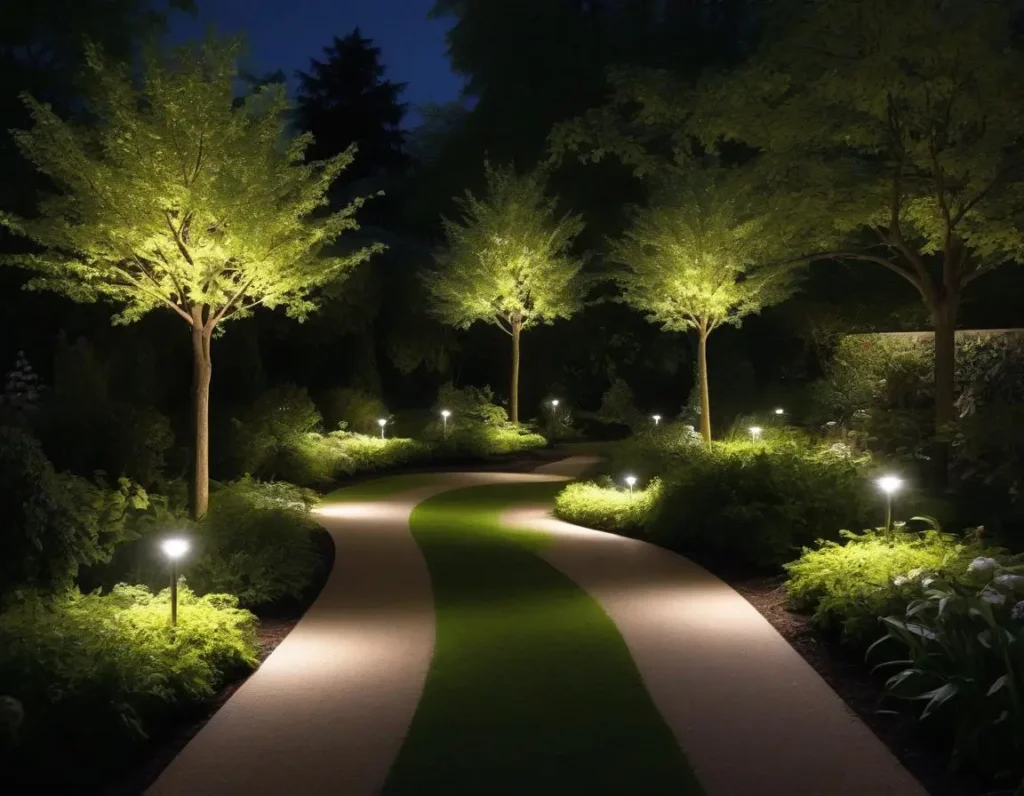 Faretti a LED che illuminano alberi e vialetti in giardino di notte