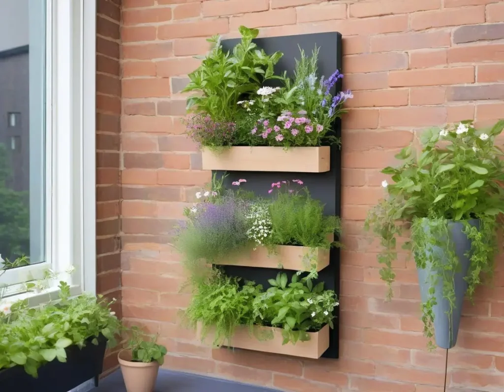 Fioriera verticale con erbe aromatiche e fiori, ideale per balconi piccoli