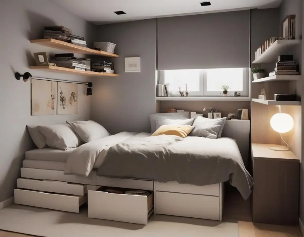 Camera piccola con contenitori sotto il letto e mensole sopra i comodini