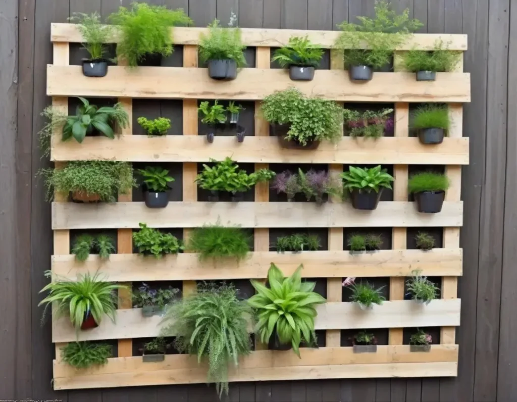 Giardino verticale realizzato con pallet e piante aromatiche
