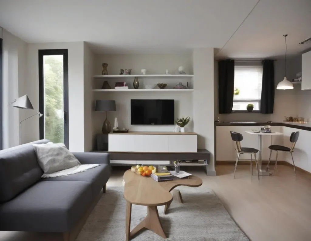 Soggiorno piccolo moderno arredato con stile, ideale per una coppia