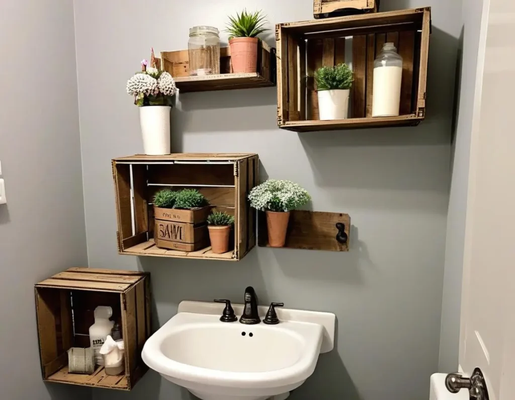 Mensole fai-da-te realizzate con cassette di legno per arredare un bagno piccolo