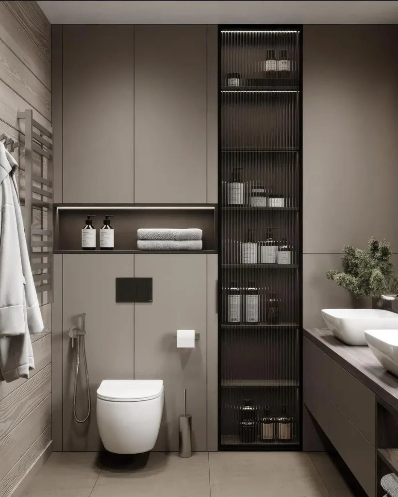 Bagno piccolo con mensole sopra il water, specchio contenitore e ganci a scomparsa.