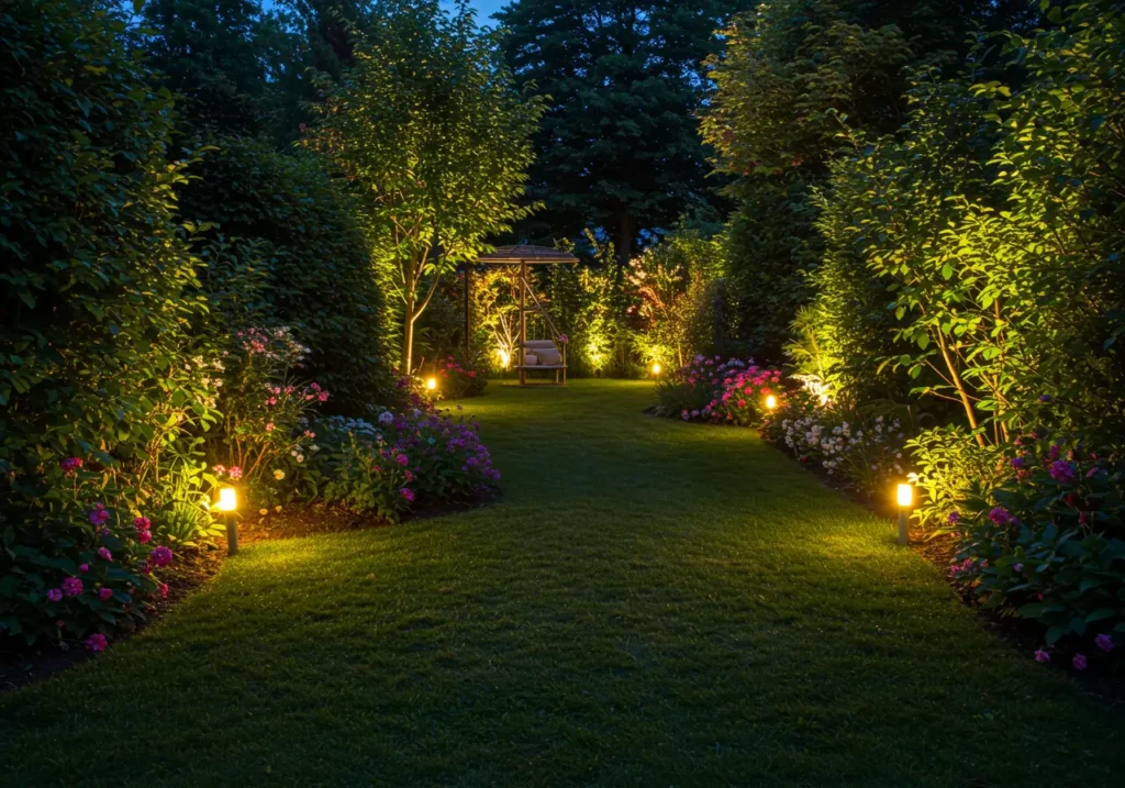 Giardino illuminato con luce soffusa che crea atmosfera accogliente