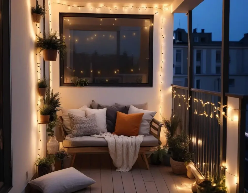 Ghirlande luminose a LED che creano atmosfera accogliente su un piccolo balcone
