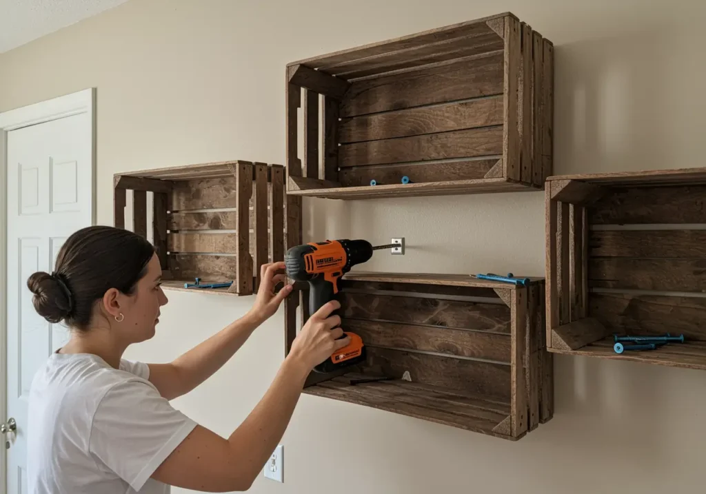 Installazione delle mensole fatte con cassette alla parete con trapano e viti