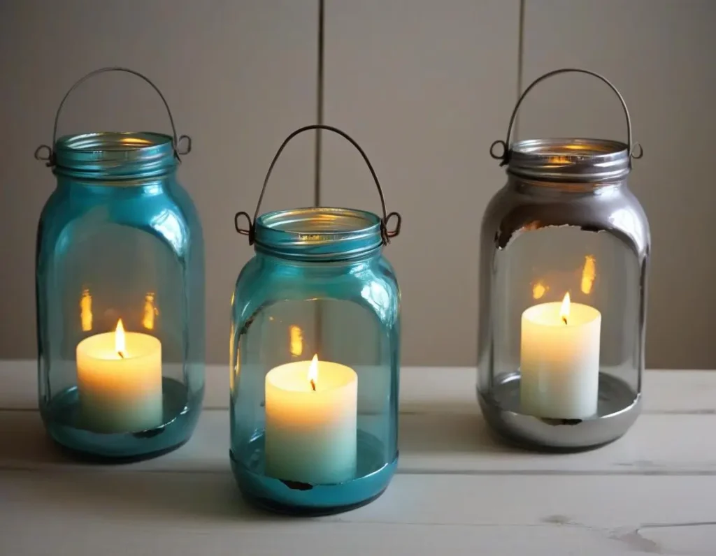Barattoli di vetro trasformati in lanterne con candele, stile fai da te