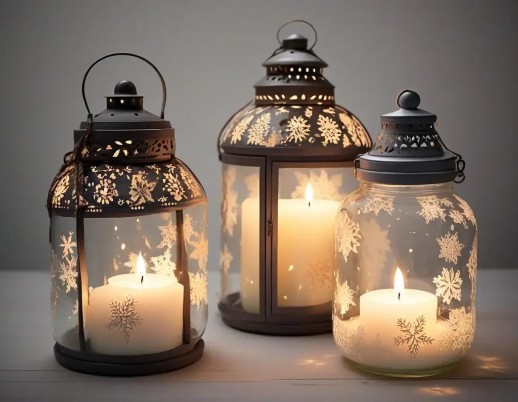 Lanterne con candele in barattoli decorati