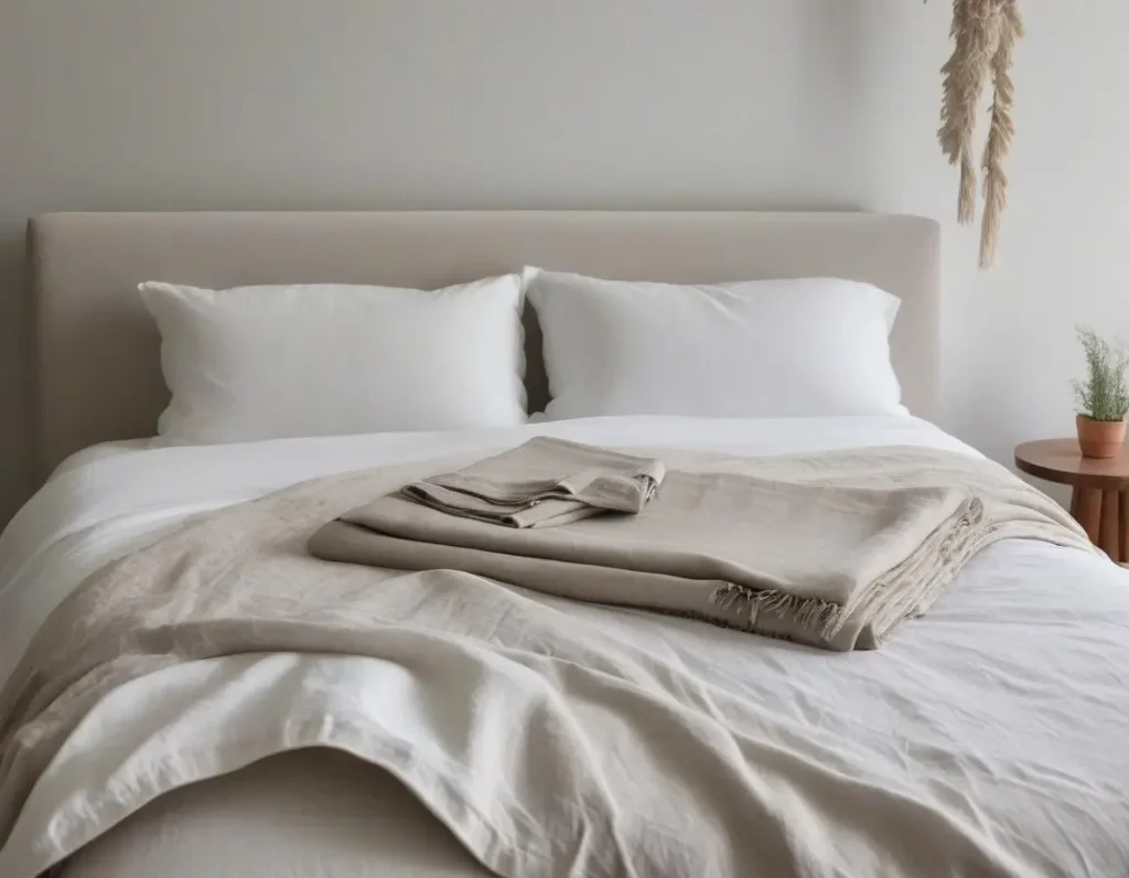 Letto matrimoniale con lenzuola in lino e coperta decorativa piegata ai piedi
