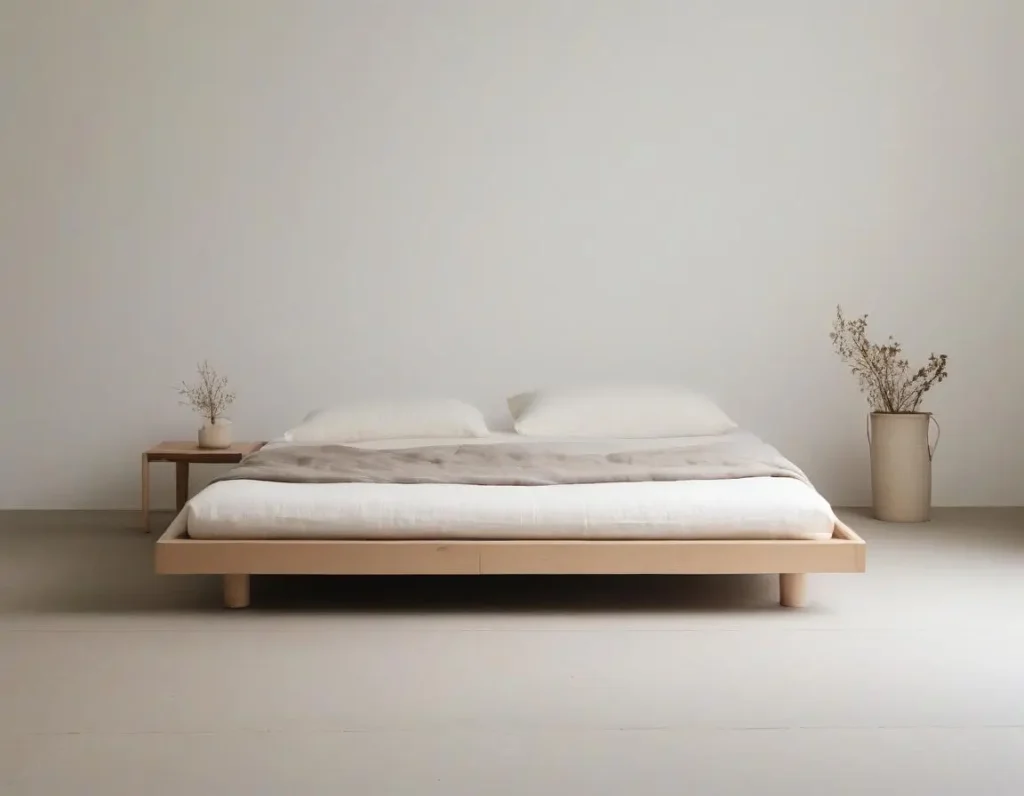 Letto minimal in legno naturale con biancheria in lino e cotone