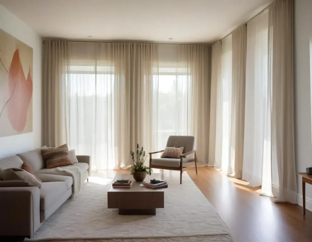 Tende trasparenti che permettono alla luce naturale di illuminare il soggiorno