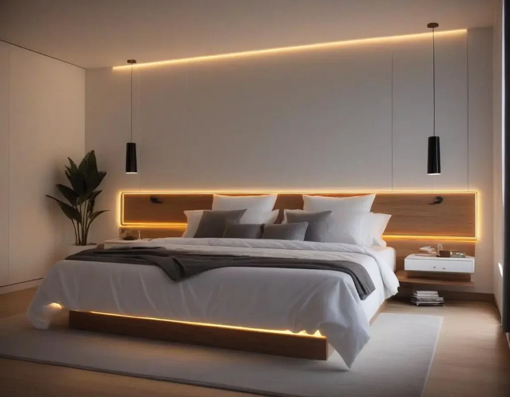 Luci a sospensione moderne ai lati del letto con strisce LED dietro la testiera