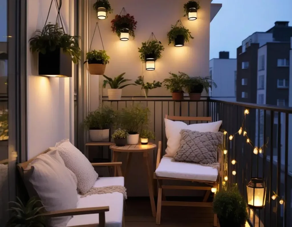 Lucine LED su un piccolo balcone con lanterne e fioriere sospese