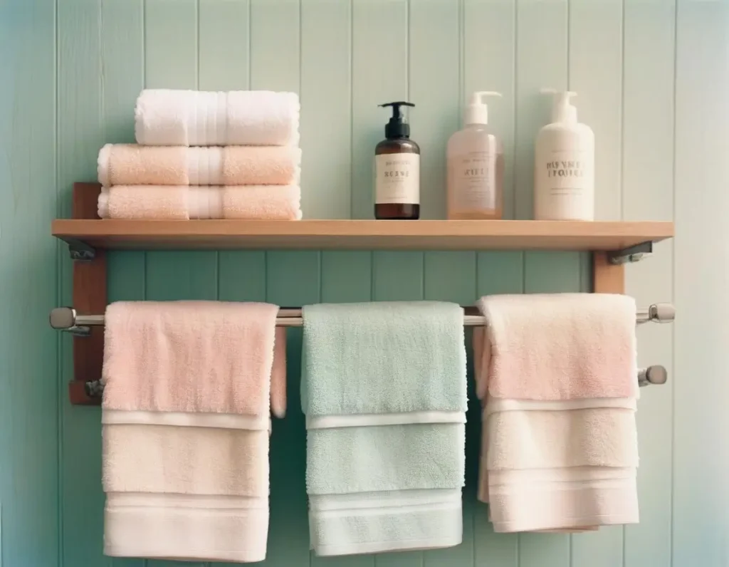 Mensola in legno con barre sottostanti per appendere asciugamani