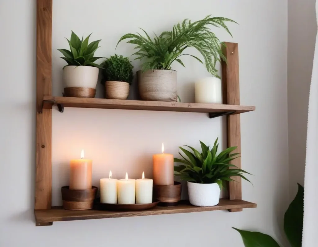 Mensole decorative in legno con piante e candele profumate in bagno