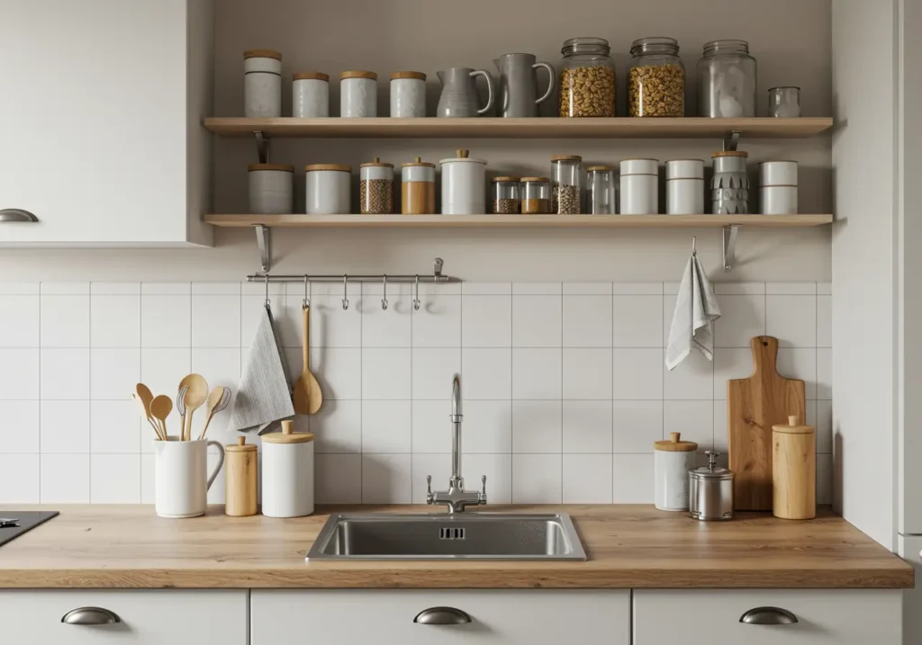 Mensole e ganci per sfruttare le pareti verticali in una cucina piccola