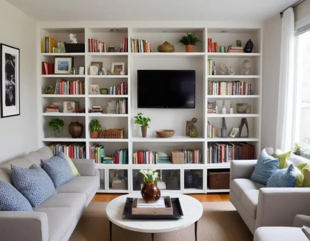 Mensole alte in soggiorno piccolo per sfruttare lo spazio verticale