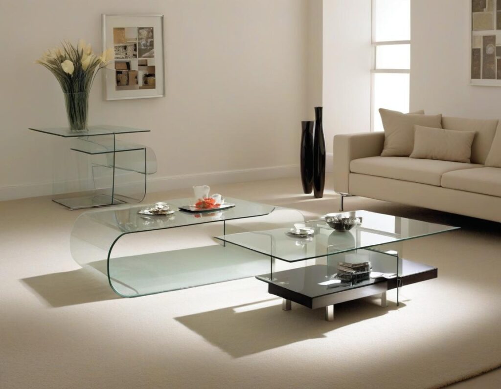Arredo soggiorno con tavolino in vetro e mobili chiari che riflettono la luce