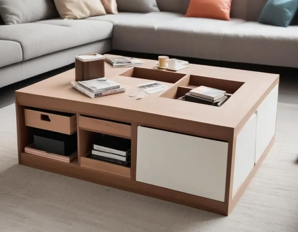 Tavolino da soggiorno con vani nascosti e pouf contenitore